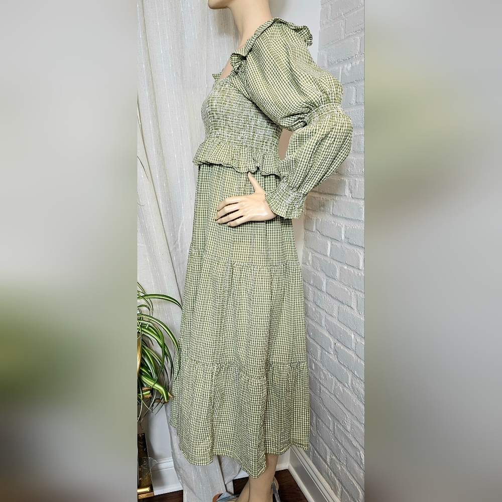 Frances Hart Maternity Green Gingham Smocked Midi Dress Silver Thread Size M - Picture 2 of 6